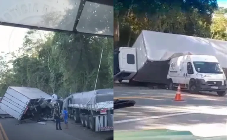 BR 101 fica interditada após acidente entre van, carreta e caminhão em Rio Novo do Sul